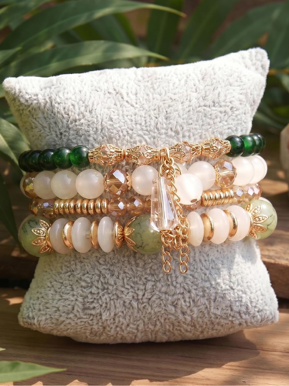 Anthropologie Green, Cream & Gold Layered Beaded Bracelet Set